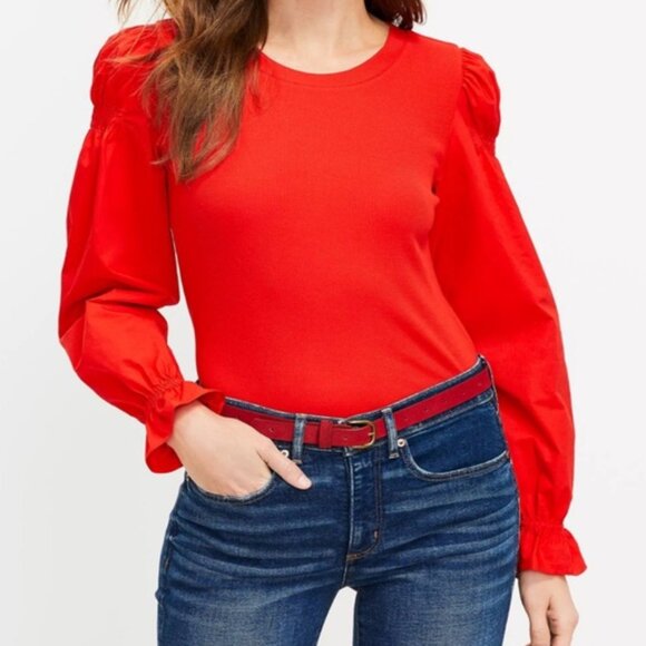 New LOFT Red Mixed Media Knit Long Sleeve Top blouse Size S - Picture 1 of 4